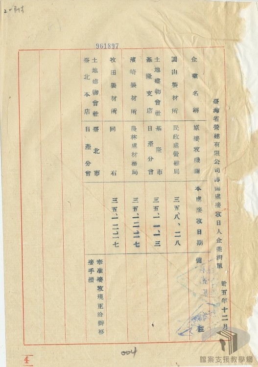 奉電送本處接收日人企業清單1.1.1.2-A3750000100E=0036=266.1=10=1=002=0002